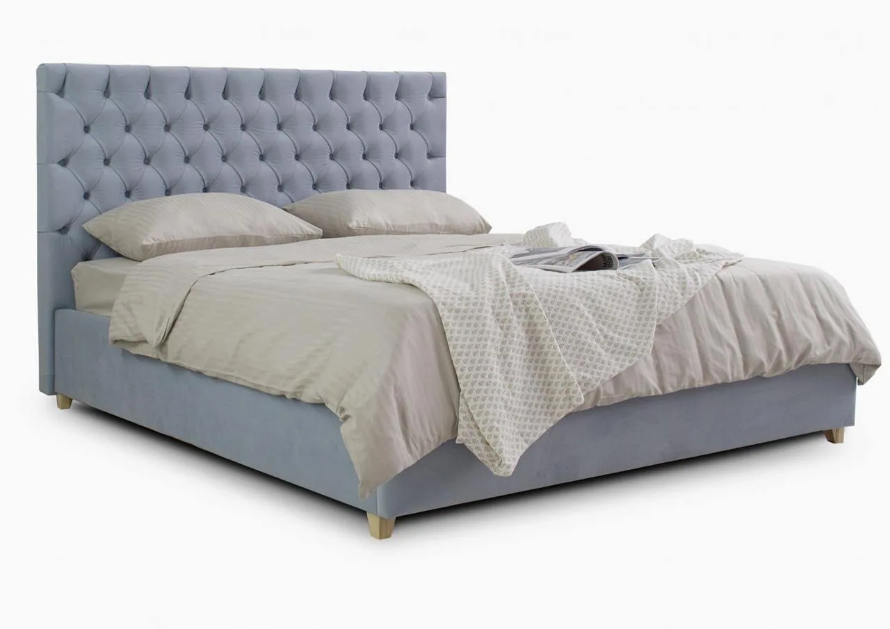 Ліжко Гортензія, блакитний велюр — вигляд збоку з постіллю